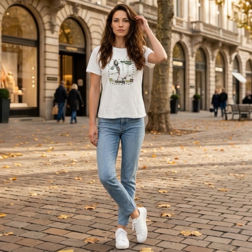 Vintage Bechamel Petites White Cotton Graphic Tee Single stitch lady walking dog